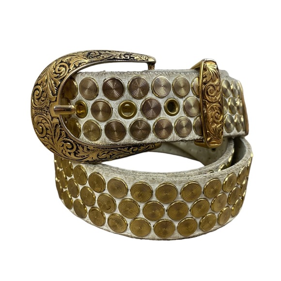 Vintage Accessories - Sand Castle NY Vintage Ivory Leather Brass Studded Belt